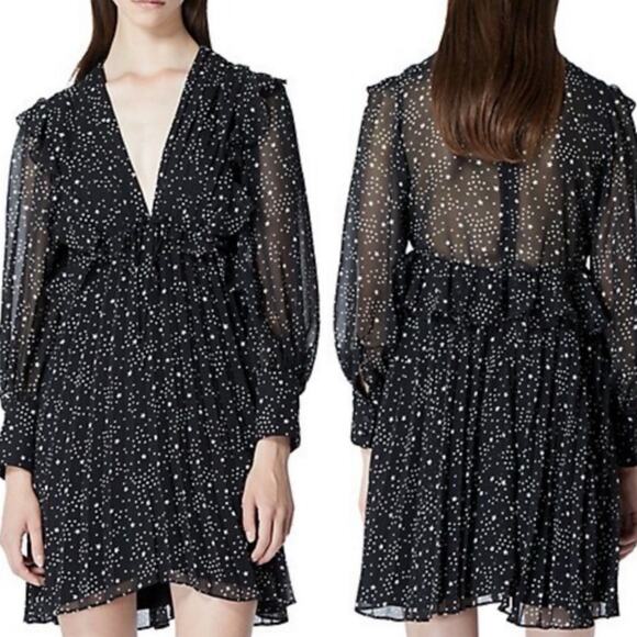 The Kooples Shooting Stars Pleated Ruffle Mini Dress Black White Chiffon 3 L - Picture 2 of 11